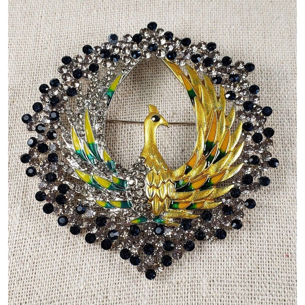 Vintage Look Peacock Dark Green Crystal and Enamel Silver Tone Brooch Pendant